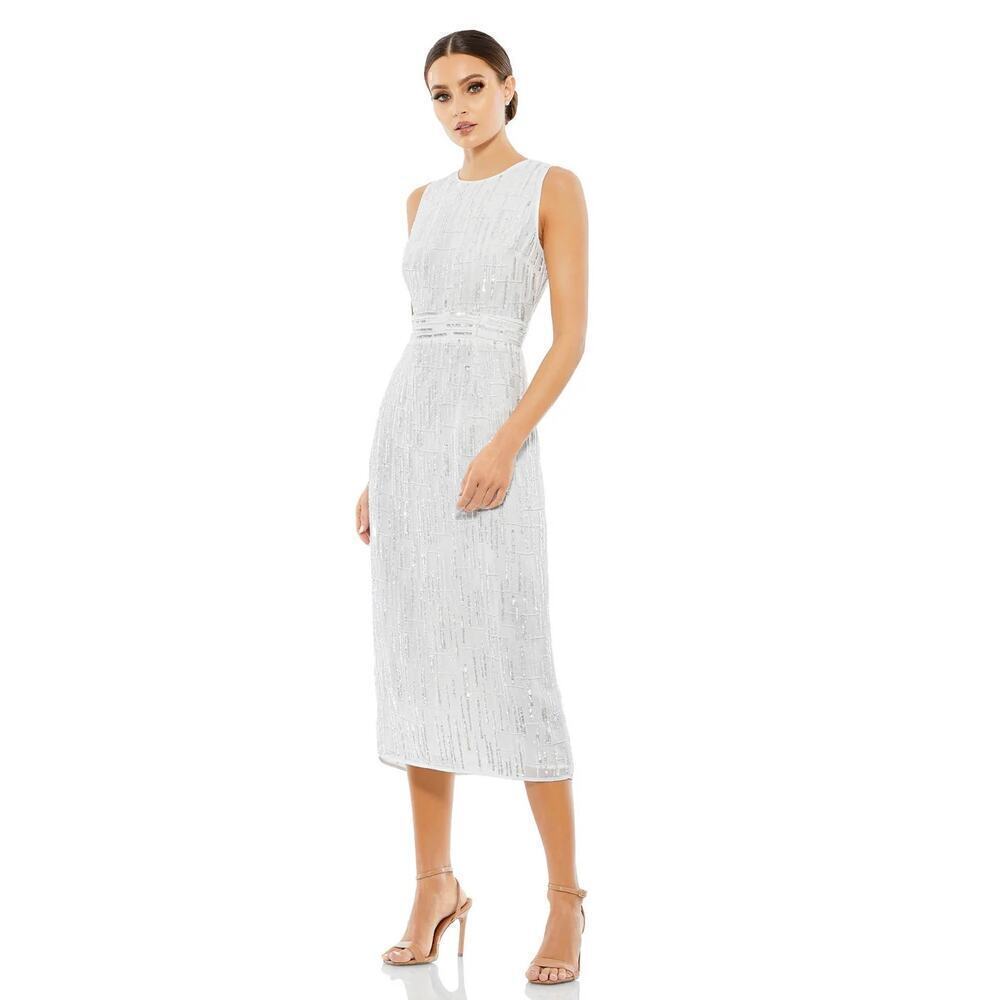 Mac Duggal 93597 Dress Abstract Sequined Jewel Neck Beaded Sheath White NWT 10